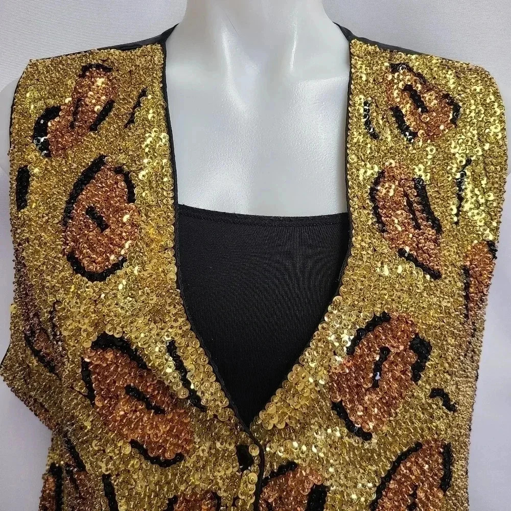 Chantik Vintage Full Sequin Vest Cat Eye Leopard Print Orange Gold Black - Picture 2 of 13